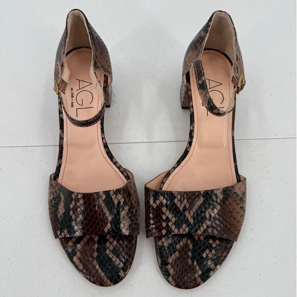 NEW AGL Women's Embossed Brown Snake Print Leather Block Heel Sandals Size 37.5 - Picture 2 of 11